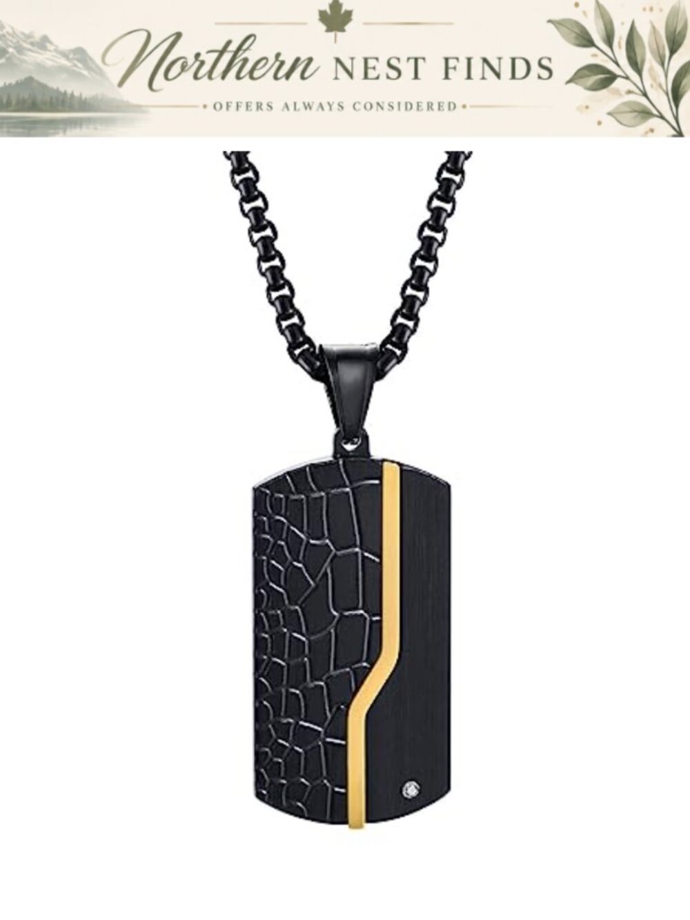 Men's Stainless Steel Gold Plated Dog Tag Necklace with Zirconia